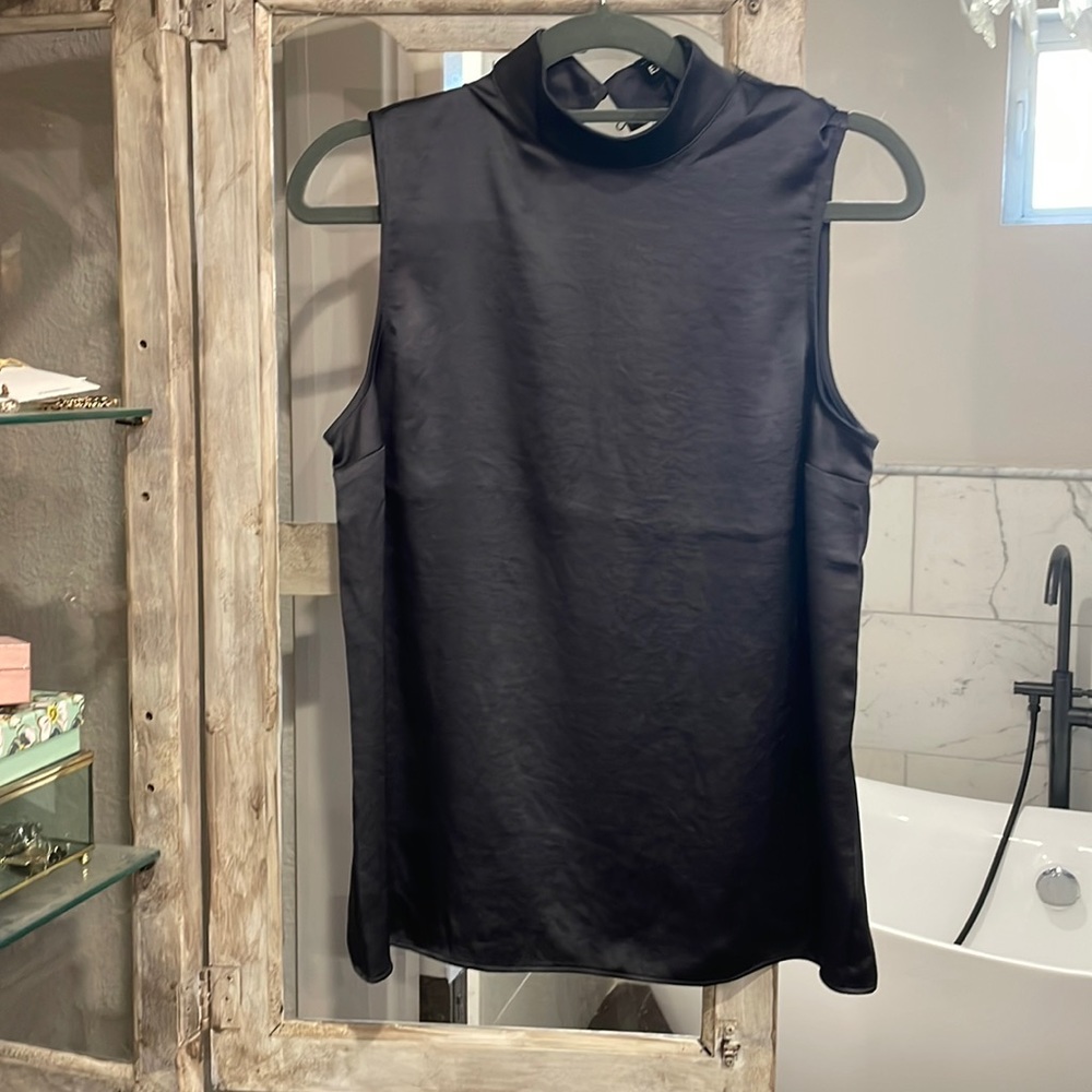 Charcoal silk Express top, cut out back with lace